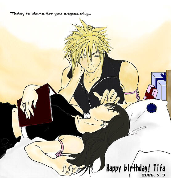 cloud strife, tifa lockhart, final fantasy, final fantasy vii, 1990s (style), book, dated, happy birthday, sleeping