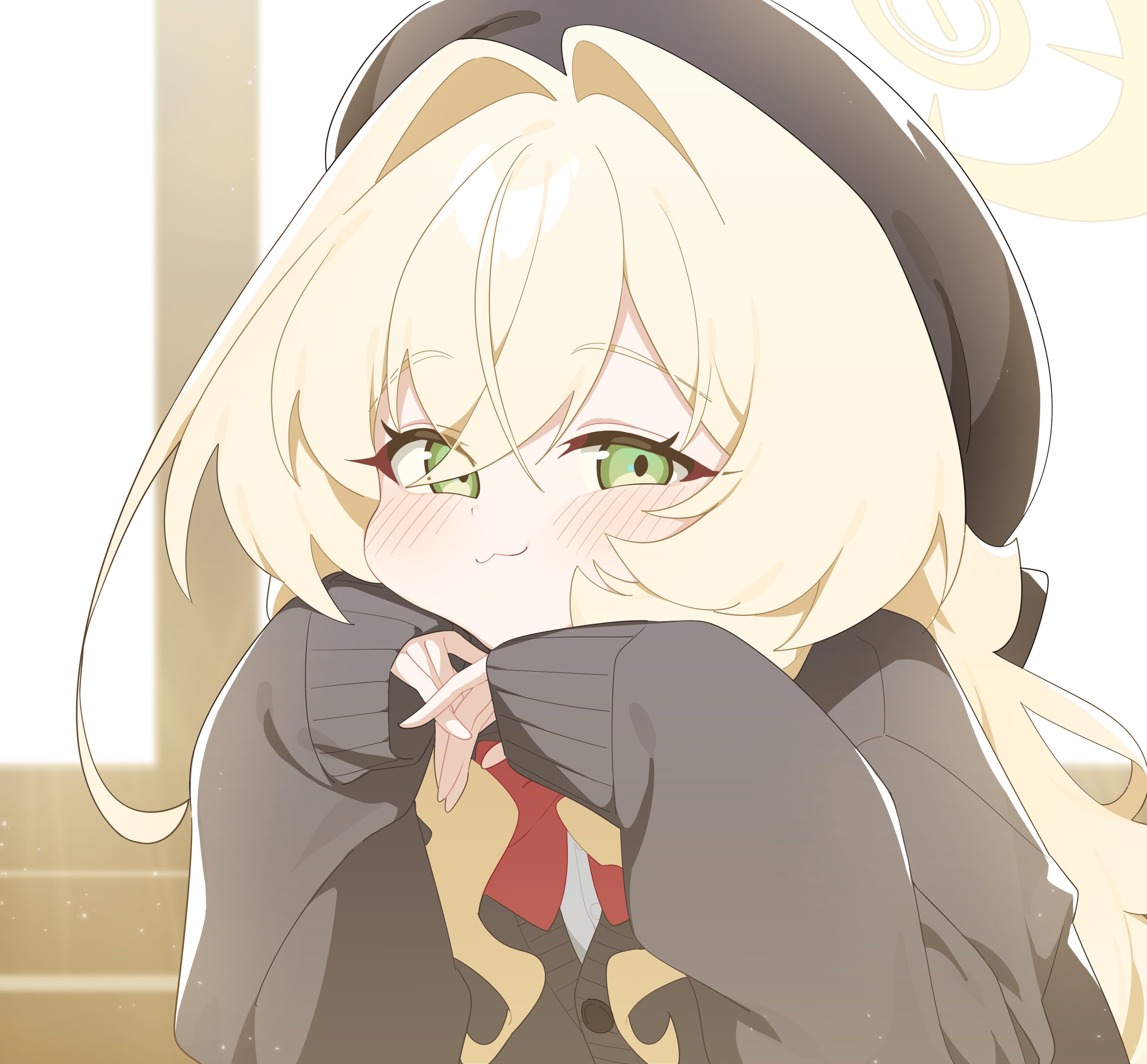 honi (honi1010), professor niyaniya (blue archive), blue archive, fluffy hair, absurdres, commentary, highres, symbol-only commentary, 1girl, :3, beret, black cardigan, black hat, blonde hair, blush, bow, bowtie, cardigan, green eyes, hair intakes, halo, hat, head on hands, long hair, looking at viewer, red bow, red bowtie, sleeves past wrists, smile, solo, upper body, yellow halo