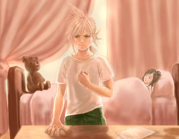 cloud strife, tifa lockhart, final fantasy, final fantasy vii, 1990s (style), alternate costume, bed, clenched hand, letter, nibelheim, retro artstyle, shirt, sleeping, stuffed animal, stuffed toy, t-shirt, teddy bear