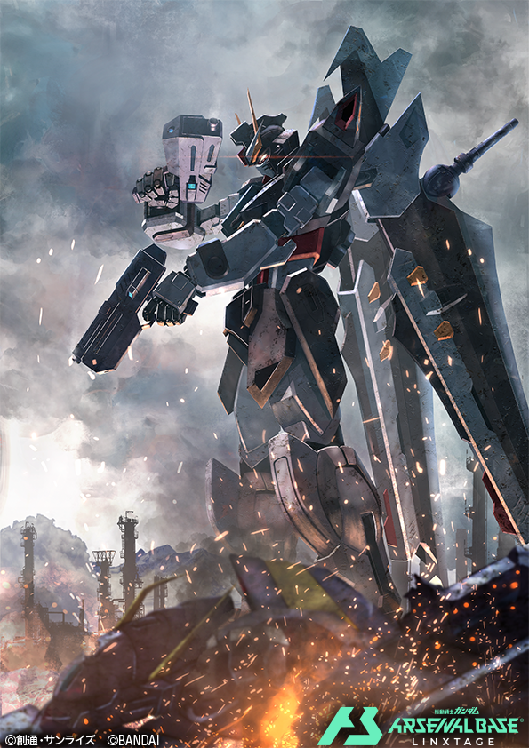 deraken, strike noir, gundam, gundam arsenal base, gundam seed c.e. 73: stargazer, commentary request, official art, beam gun, beam weapon, card (medium), copyright logo, copyright name, copyright notice, earth alliance (gundam seed), logo, mecha, mobile suit, no humans, robot, v-fin, weapon