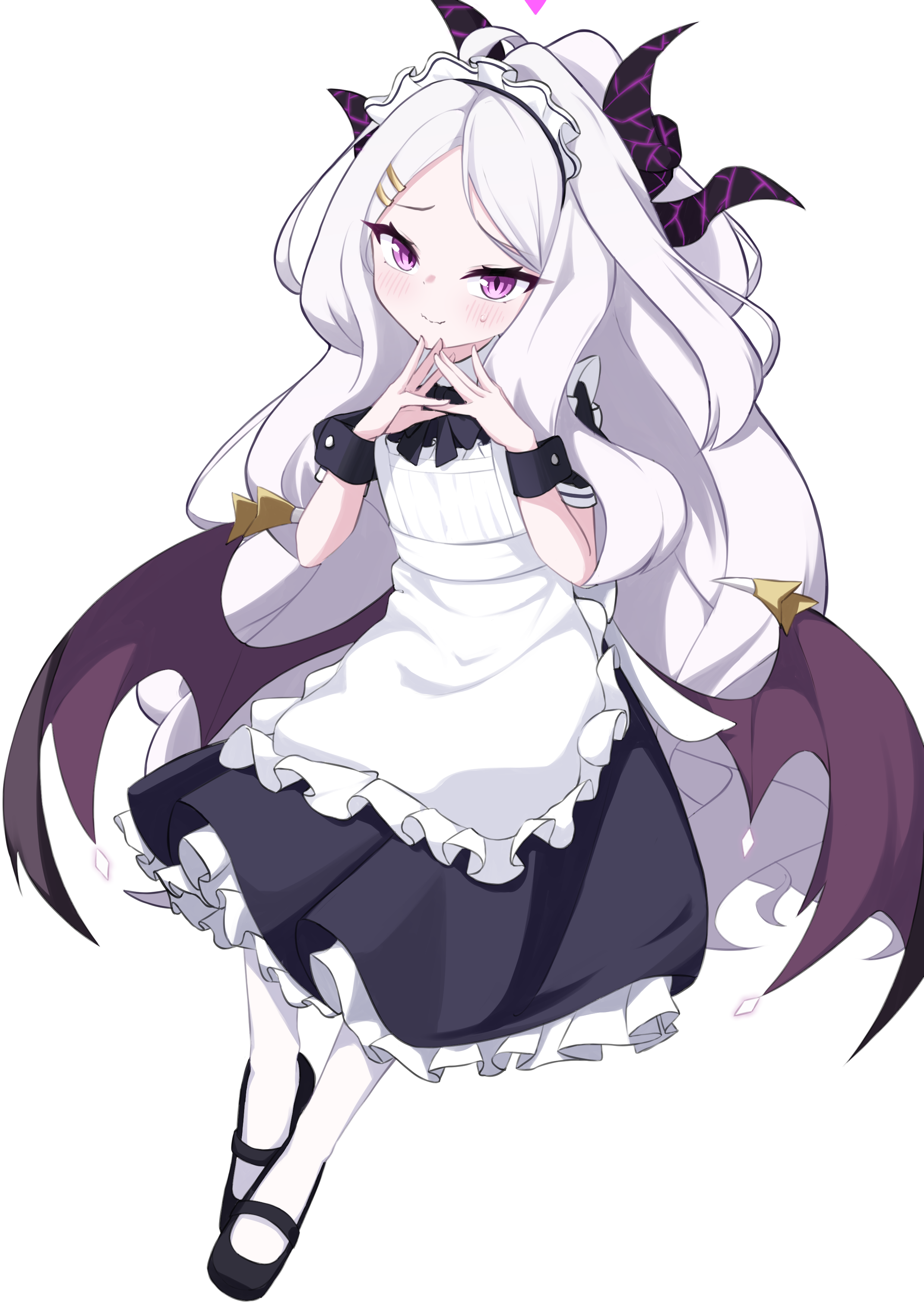 bluetea1024, hina (blue archive), blue archive, absurdres, commentary request, highres, 1girl, ahoge, blush, breasts, demon girl, demon horns, demon wings, halo, horns, long hair, looking at viewer, low wings, maid, maid headdress, purple eyes, simple background, small breasts, solo, very long hair, white background, white hair, wings