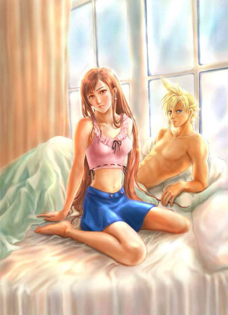 cloud strife, tifa lockhart, final fantasy, final fantasy vii, 1990s (style), alternate costume, barefoot, bed, feet, nude, pillow, skirt, window