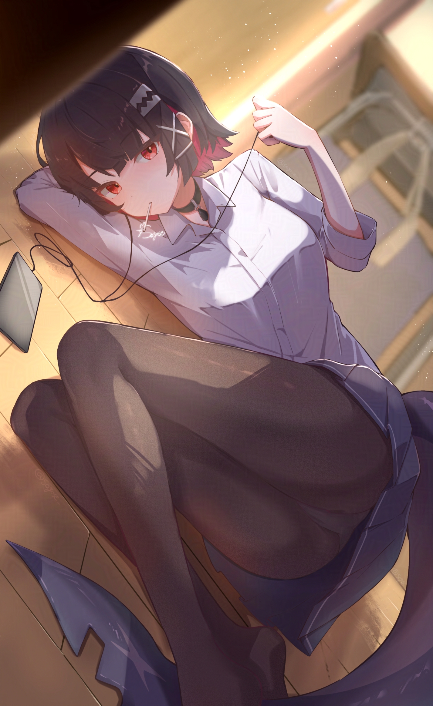 soyose, ellen joe, ellen joe (on campus), zenless zone zero, commentary request, highres, 1girl, arm up, black choker, black hair, black pantyhose, black skirt, blurry, blurry background, cellphone, choker, collared shirt, colored inner hair, fins, fish tail, lollipop in mouth, looking at viewer, lying, multicolored hair, official alternate costume, on side, pantyhose, phone, pleated skirt, red eyes, school uniform, shark girl, shark tail, shirt, short hair, skirt, smartphone, solo, tail, thighs, three-quarter sleeves, white shirt