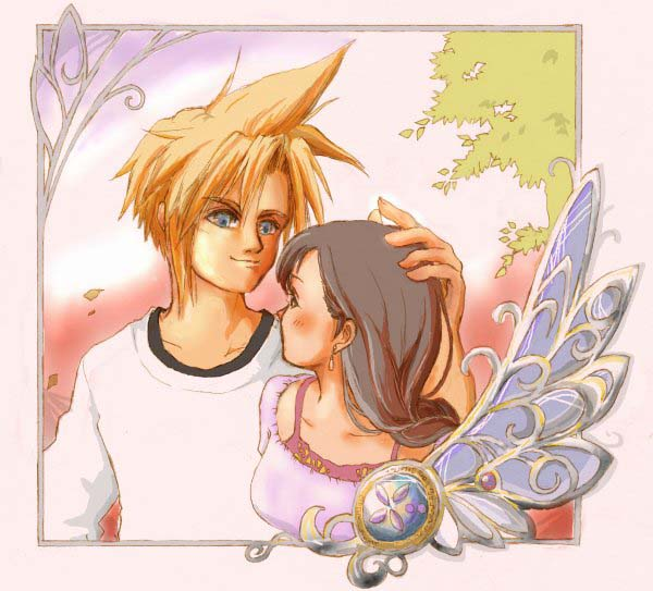 cloud strife, tifa lockhart, final fantasy, final fantasy vii, 1990s (style), alternate costume, blush, looking at another, shirt, t-shirt