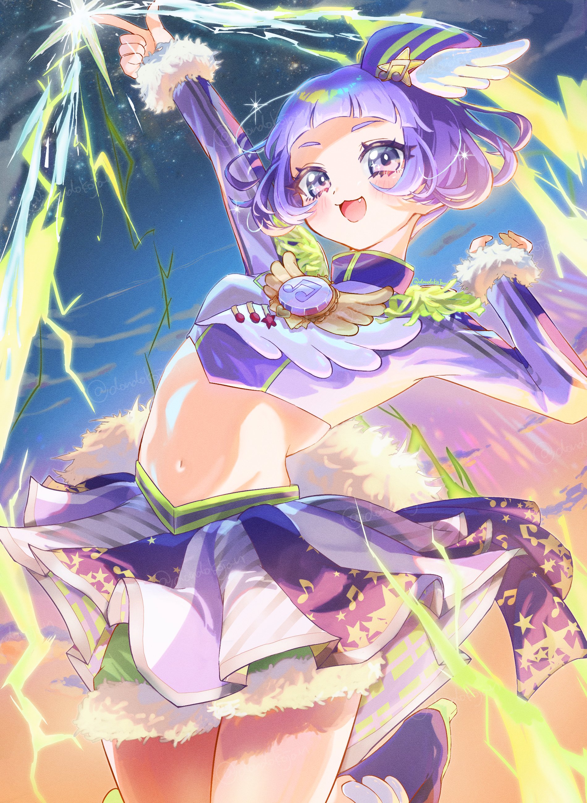 dondoko (dondokojan), mamiya chii, himitsu no aipri, pretty series, absurdres, commentary request, highres, 1girl, :3, :d, arm up, blue sky, boots, cropped shirt, electricity, fang, hair ornament, hand up, idol, idol clothes, jumping, long sleeves, looking at viewer, musical note, musical note print, navel, night, night sky, open mouth, outdoors, purple boots, purple eyes, purple hair, purple shirt, purple skirt, shirt, short hair, skirt, sky, smile, solo, sparkle, stomach, straight hair, wing hair ornament