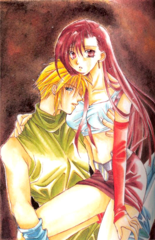 cloud strife, tifa lockhart, final fantasy, final fantasy vii, 1990s (style), alternate hair color, grabbing another's breast, groping, hug, red hair, retro artstyle, yaminabe junkie