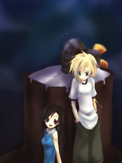 cloud strife, tifa lockhart, final fantasy, final fantasy vii, 1990s (style), aged down, alternate costume, nibelheim, retro artstyle, shirt, t-shirt