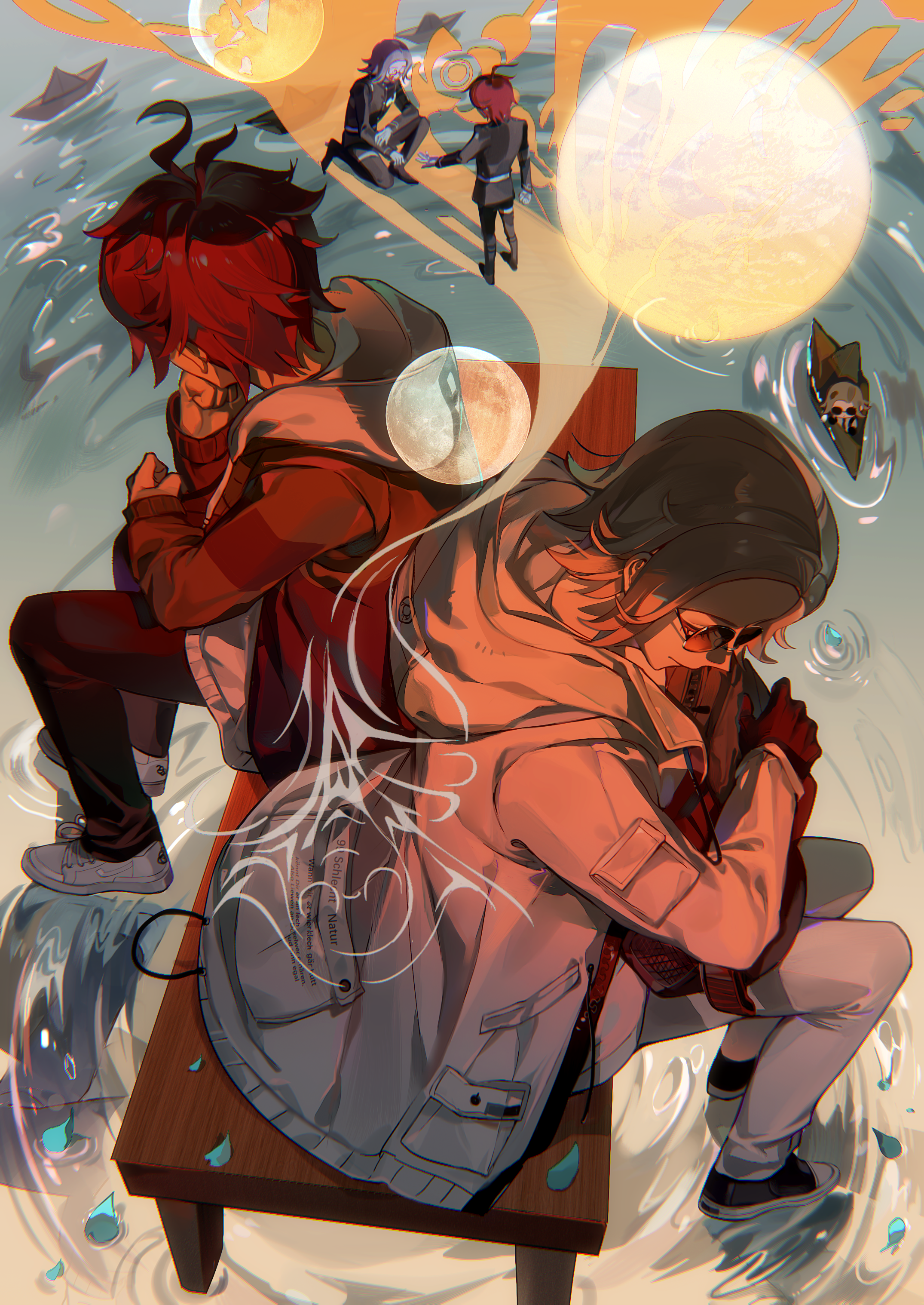 shuiyemusan, aotsuki eito, sumino takumi, the hundred line -last defense academy-, absurdres, chinese commentary, commentary request, highres, variant set, 2boys, ahoge, bag, bench, black bag, black gloves, black jacket, black pants, black shoes, black streaks, blood, blood on face, blue petals, chibi, chibi inset, closed eyes, crescent moon, full moon, gakuran, glasses, gloves, grey hair, grey jacket, holding, holding bag, hood, hoodie, jacket, jacket over hoodie, kneeling, last defense academy school uniform, male focus, moon, multicolored hair, multiple boys, multiple persona, multiple views, on bench, open clothes, open jacket, outstretched arm, pants, paper boat, red hair, reflection, reflective liquid, ripples, school uniform, shoes, short hair, sitting, standing, standing on liquid, streaked hair, sunglasses, white gloves, white hoodie, white jacket, white pants, white shoes, wooden bench