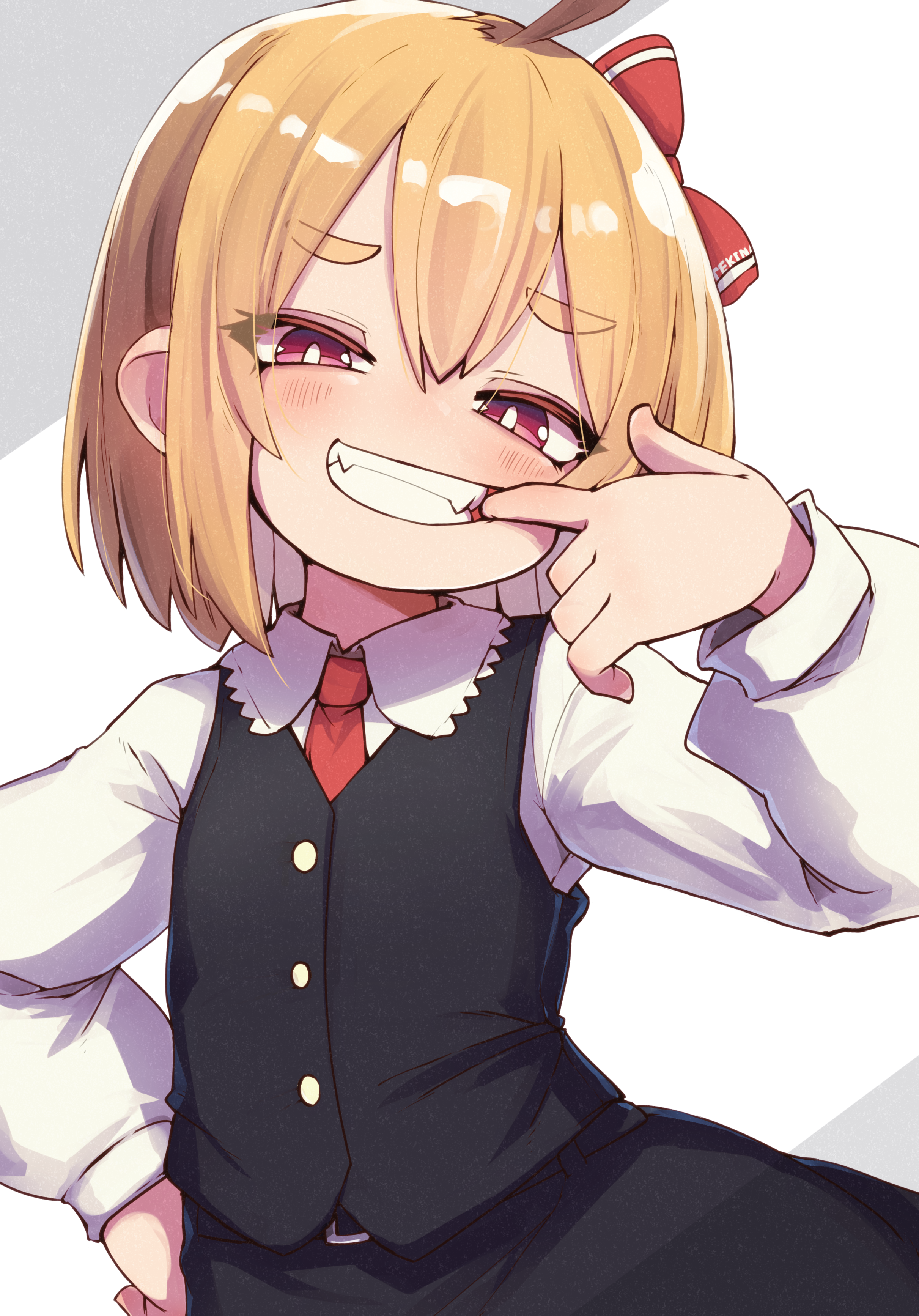 tekina (chmr), rumia, touhou, absurdres, commentary request, highres, 1girl, black skirt, black vest, blonde hair, bow, fangs, grin, hair bow, hand on own hip, long sleeves, looking at viewer, necktie, parted lips, puffy long sleeves, puffy sleeves, purple eyes, red bow, red eyes, red necktie, shirt, short hair, simple background, skirt, smile, solo, thick eyebrows, vest, white background, white shirt