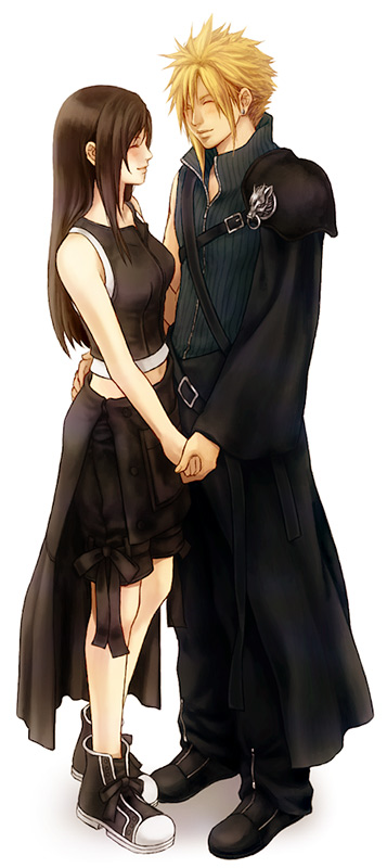 cloud strife, tifa lockhart, final fantasy, final fantasy vii, final fantasy vii: advent children, 1boy, 1girl, black hair, blonde hair, couple, happy, smile, spiked hair