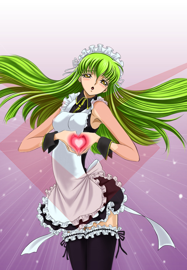 shunpuu, c.c., code geass, k-on!, bad id, bad pixiv id, 1girl, alternate costume, apron, blush, enmaided, female focus, frilled thighhighs, frills, green hair, heart, heart hands, long hair, maid, maid apron, maid headdress, moe moe kyun!, open mouth, parody, solo, thighhighs, wrist cuffs, yellow eyes