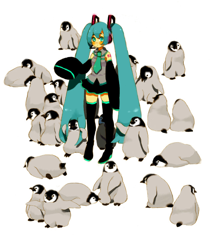 goruti, hatsune miku, vocaloid, bad id, bad pixiv id, aqua eyes, aqua hair, baby animal, bird, detached sleeves, headphones, headset, legs, long hair, necktie, penguin, penguin chick, simple background, skirt, solo, thighhighs, twintails, very long hair, zettai ryouiki