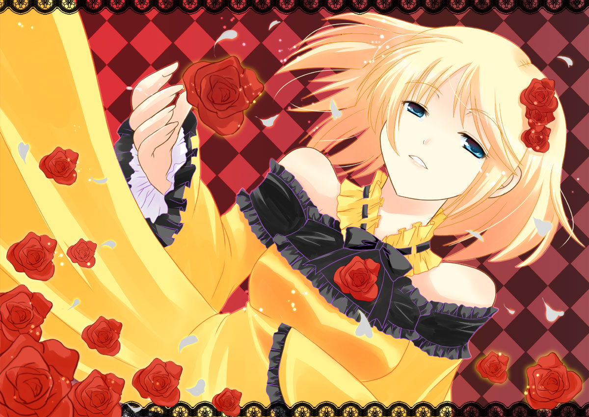 azuma kei, kagamine rin, riliane lucifen d'autriche, aku no musume (vocaloid), evillious nendaiki, vocaloid, 1girl, blonde hair, blue eyes, dress, female focus, flower, petals, rose, short hair, smile, solo, victorian, yellow dress