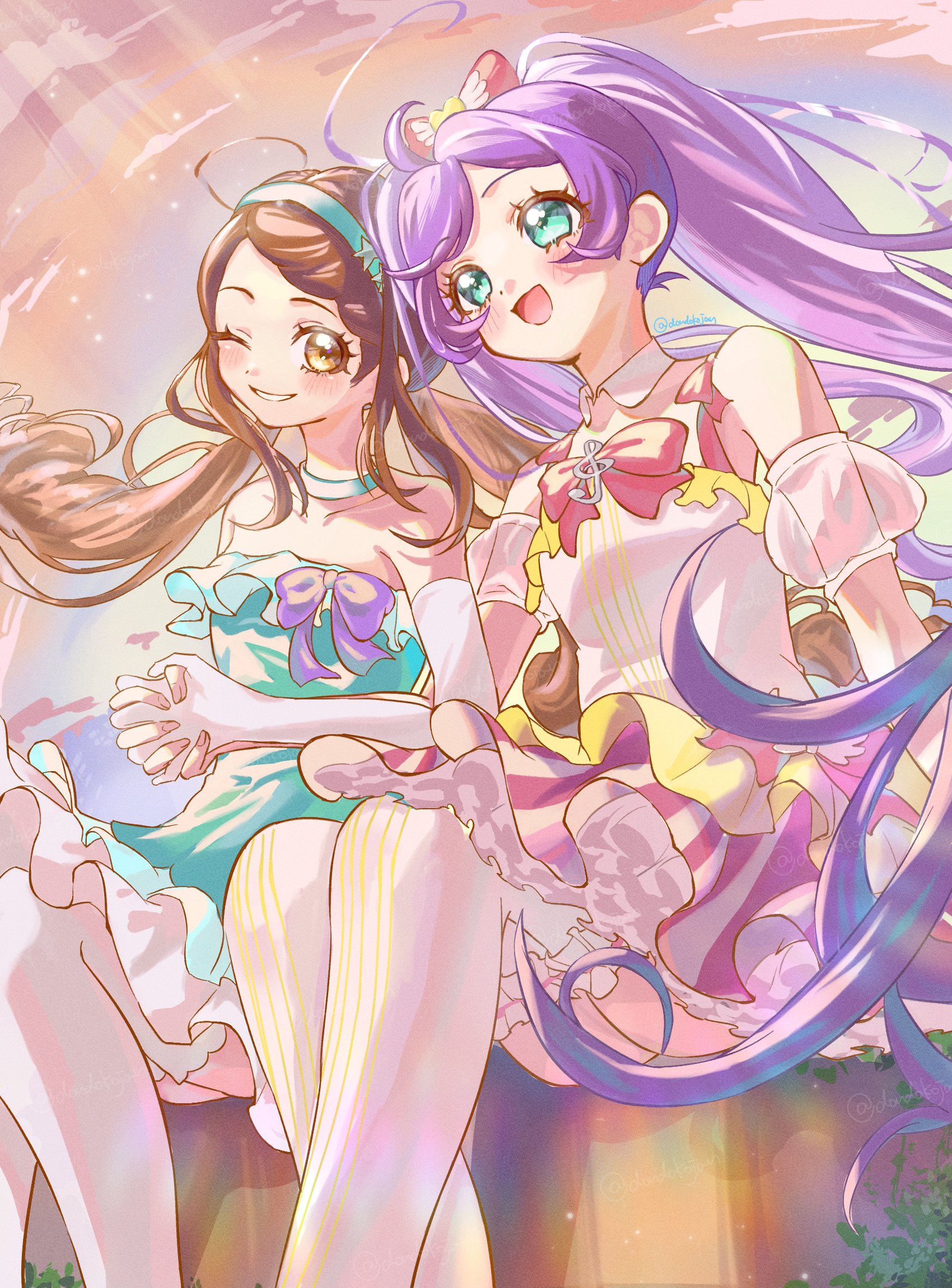dondoko (dondokojan), manaka laala, pretty series, pripara, commentary request, highres, 2girls, :d, aqua choker, aqua dress, aqua hairband, arm at side, bare shoulders, blush, bow, brown eyes, brown hair, choker, cloud, collar, detached collar, detached sleeves, dress, dress bow, ehime nao, elbow gloves, floating hair, frilled thigh strap, from below, gloves, green eyes, grin, hair bow, hairband, holding hands, idol, idol clothes, layered dress, legs together, light rays, long hair, looking ahead, looking at viewer, multicolored dress, multiple girls, open mouth, outdoors, pink dress, puffy short sleeves, puffy sleeves, purple bow, purple hair, red bow, see-through clothes, see-through sleeves, short dress, short sleeves, sitting, sleeveless, sleeveless dress, smile, straight hair, strapless, striped clothes, striped dress, thigh strap, thighhighs, treble clef, twintails, twitter username, vertical-striped clothes, vertical-striped dress, very long hair, white collar, white dress, white gloves, white thighhighs, yellow dress