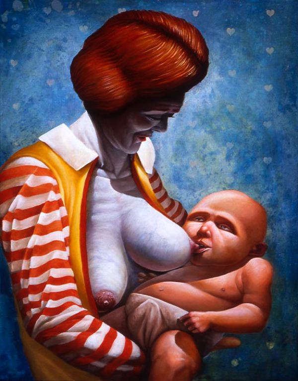 casey weldon, ronald mcdonald, mcdonald's, afro, baby, breast sucking, breastfeeding, breasts, creepy, disturbing, genderswap, large breasts, realistic, surreal, what