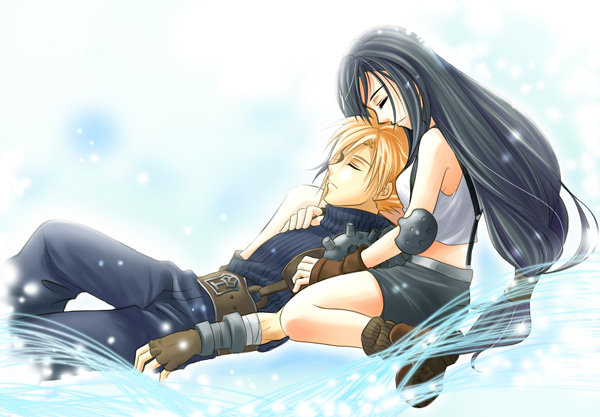 cloud strife, tifa lockhart, final fantasy, final fantasy vii, 1990s (style), 1boy, 1girl, black hair, blonde hair, closed eyes, couple, hetero, hug, hug from behind, long hair, lying, on back, short hair, sleeping