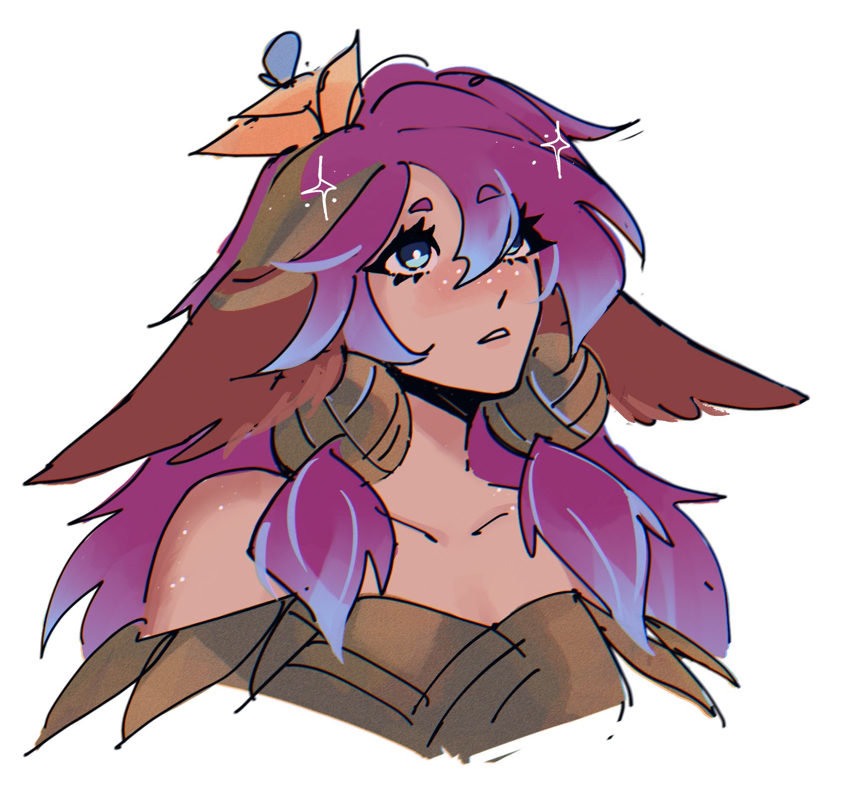 rhaastyogurt, lillia (league of legends), league of legends, commentary, english commentary, highres, 1girl, animal ears, bare shoulders, blue eyes, blue streaks, bright pupils, collarbone, cropped shoulders, flower, freckles, hair flower, hair ornament, horse ears, horse girl, leaf clothing, looking up, multicolored hair, parted lips, purple hair, sketch, solo, sparkle, streaked hair, white pupils