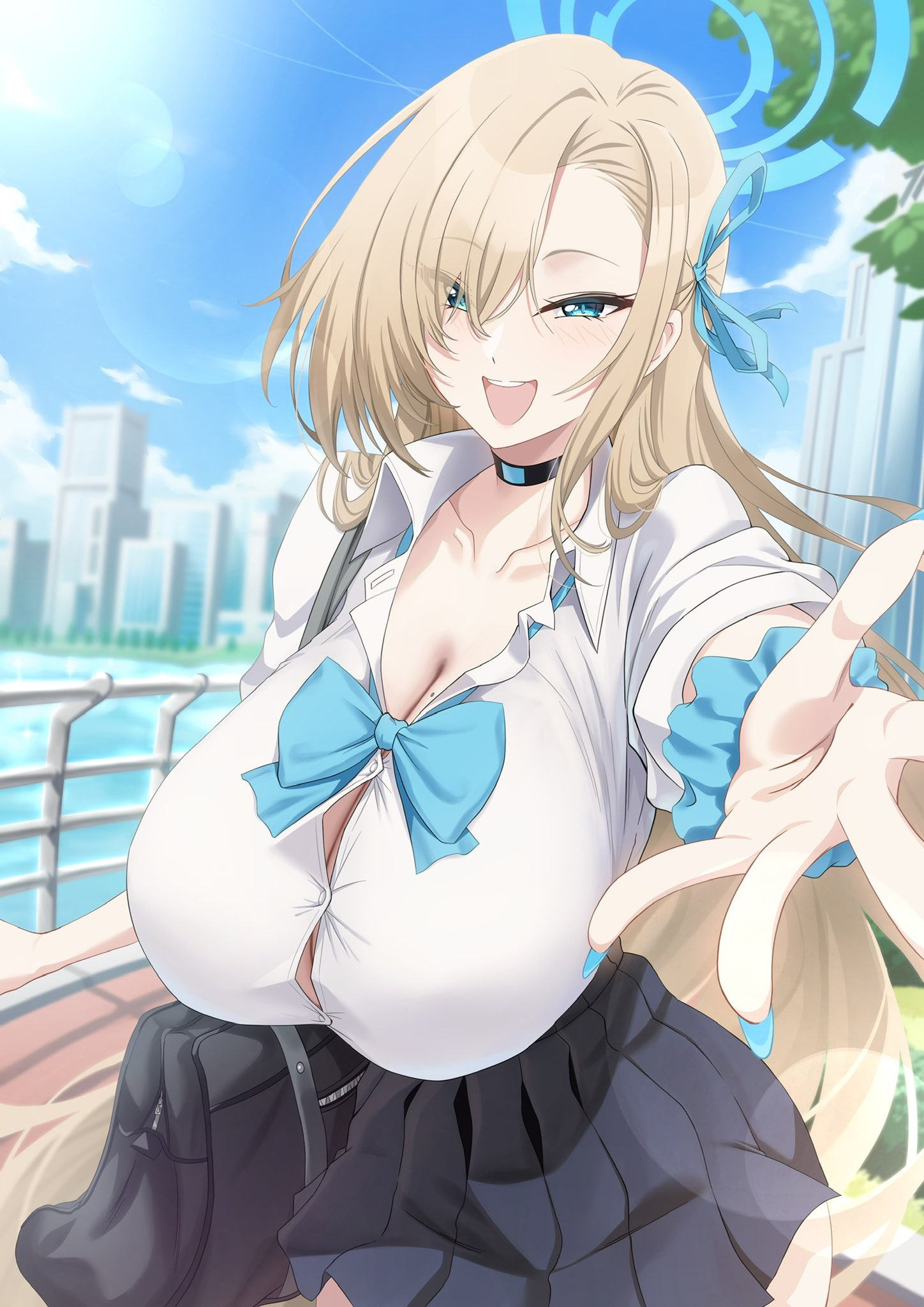 suigetu26, asuna (blue archive), asuna (school uniform) (blue archive), blue archive, commentary request, highres, 1girl, alternate breast size (larger), asymmetrical bangs, bag, black skirt, blonde hair, blue bow, blue bowtie, blue eyes, blue halo, blue ribbon, blue scrunchie, blue sky, bow, bowtie, breasts, building, button gap, choker, cloud, collared shirt, day, dress shirt, hair over one eye, halo, huge breasts, long hair, looking at viewer, miniskirt, outdoors, outstretched hand, partially unbuttoned, pleated skirt, railing, ribbon, school bag, school uniform, scrunchie, shirt, skirt, sky, skyscraper, sleeves rolled up, solo, very long hair, water, white shirt, wrist scrunchie