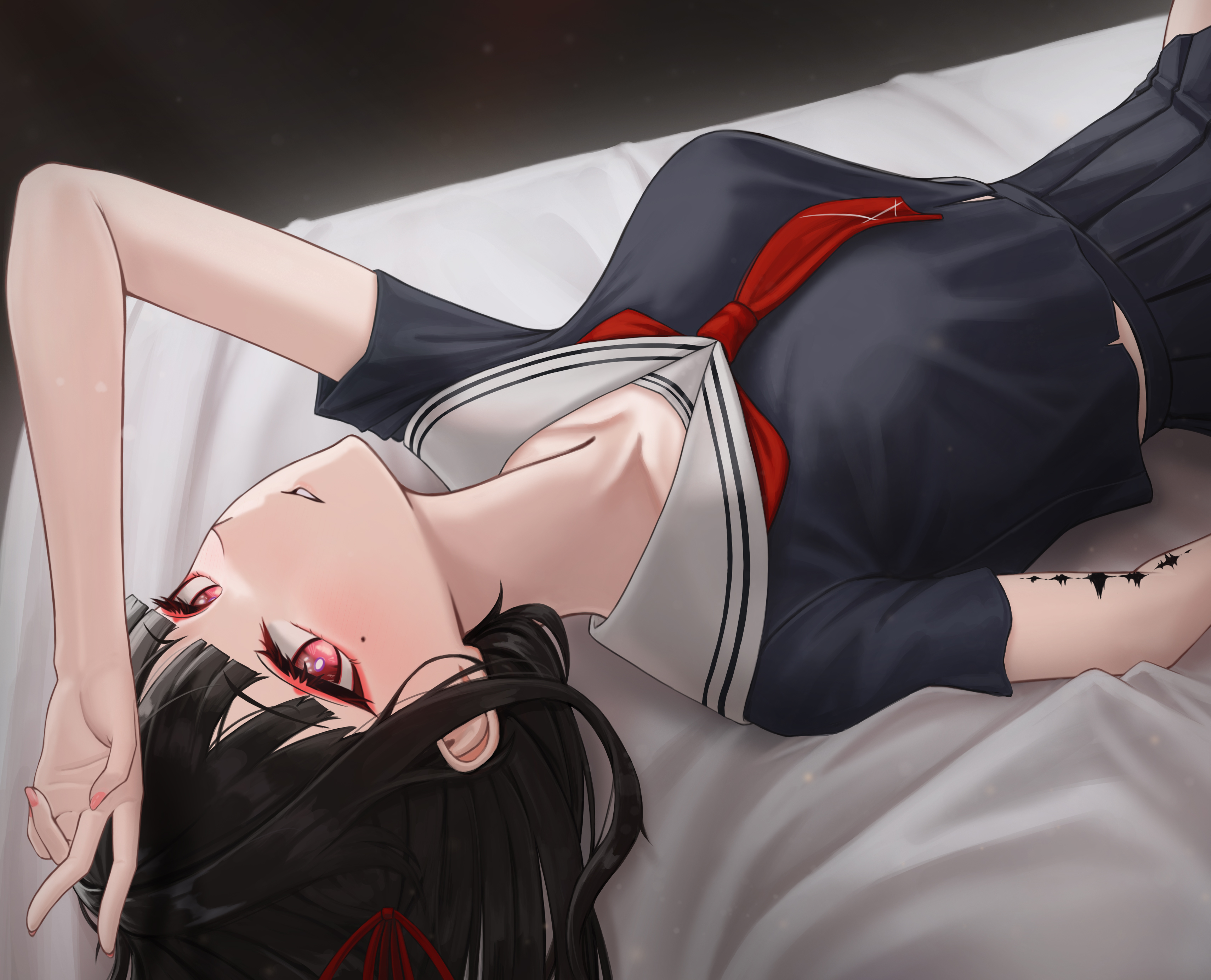 commonalty, chisa (wuthering waves), wuthering waves, absurdres, commentary, highres, 1girl, black hair, black serafuku, breasts, collarbone, long hair, looking at viewer, lying, medium breasts, midriff peek, neckerchief, on back, open mouth, pleated skirt, red eyes, red neckerchief, sailor collar, school uniform, serafuku, skirt, tacet mark (wuthering waves), teeth