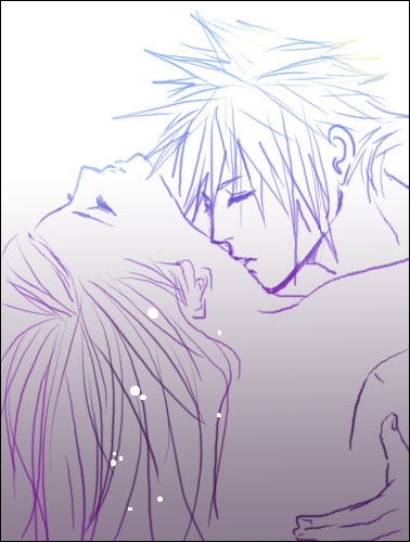 cloud strife, tifa lockhart, final fantasy, final fantasy vii, lowres, 1990s (style), couple, hug, kiss, monochrome, nude, sketch