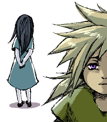 cloud strife, tifa lockhart, final fantasy, final fantasy vii, lowres, 1990s (style), aged down, alternate costume, from behind, nibelheim, oekaki, retro artstyle