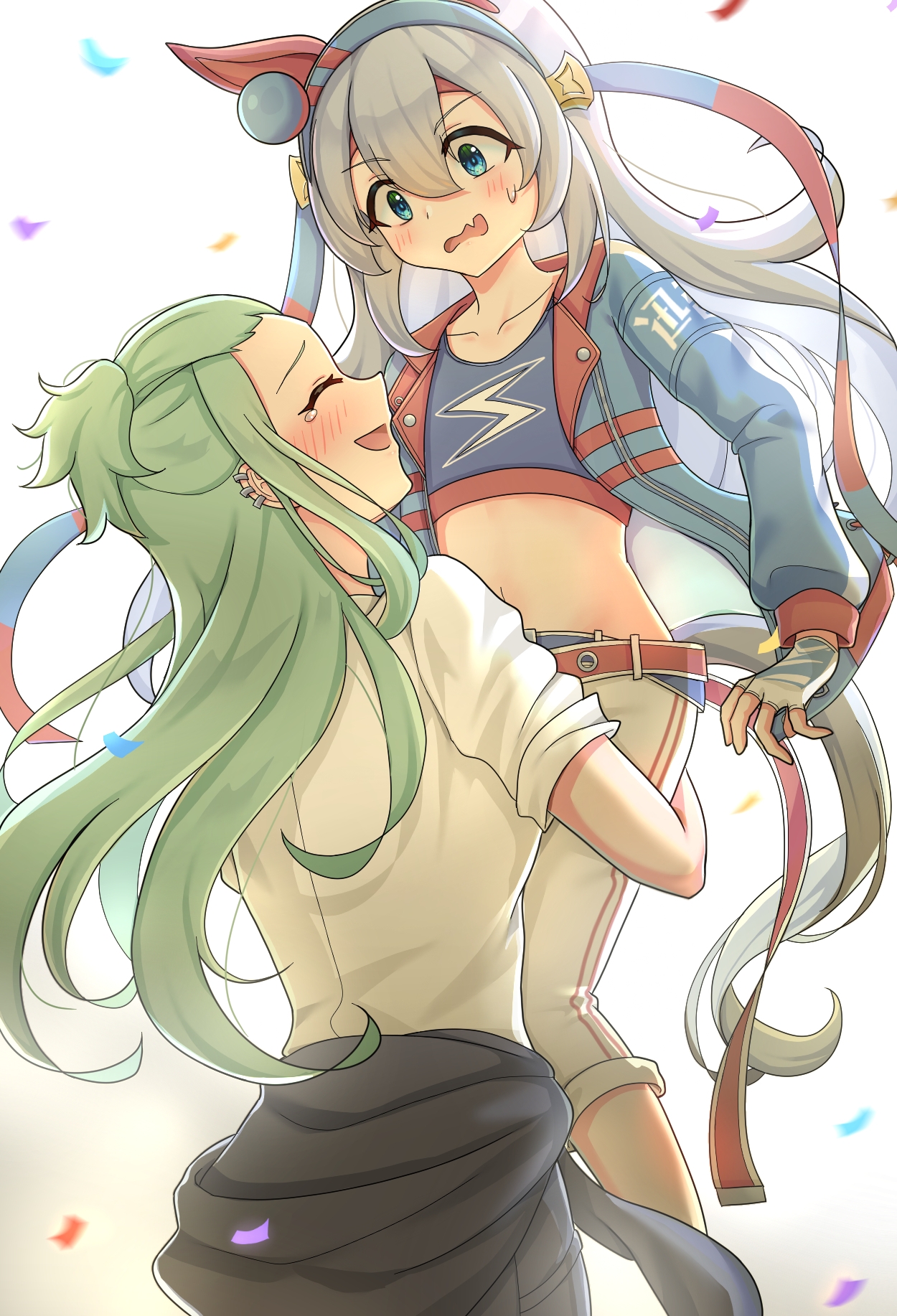 tamamo cross (umamusume), tamamo cross (with lightning speed) (umamusume), umamusume, umamusume: cinderella gray, commentary request, highres, 2girls, animal ears, belt, blue eyes, blue hairband, blue jacket, blue sports bra, blush, carrying, carrying person, closed eyes, clothes around waist, confetti, crop top, ear covers, ear piercing, fang, fingerless gloves, gloves, green hair, grey hair, grey tail, hair between eyes, hairband, headband, horse ears, horse girl, horse tail, jacket, komiyama masami, lightning bolt print, lightning bolt symbol, long hair, long sleeves, midriff, multiple girls, navel, open mouth, pants, piercing, red belt, red headband, shirt, skin fang, sleeves rolled up, smile, sports bra, striped clothes, striped hairband, sweatdrop, tail, user njyp2785, very long hair, white gloves, white pants, white shirt