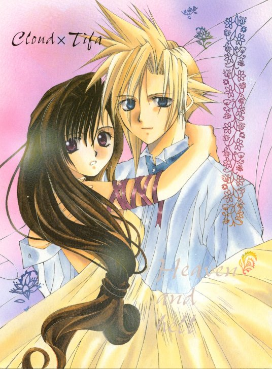 tenshin monogatari, cloud strife, tifa lockhart, final fantasy, final fantasy vii, 1990s (style), dress, hug, looking at viewer, retro artstyle