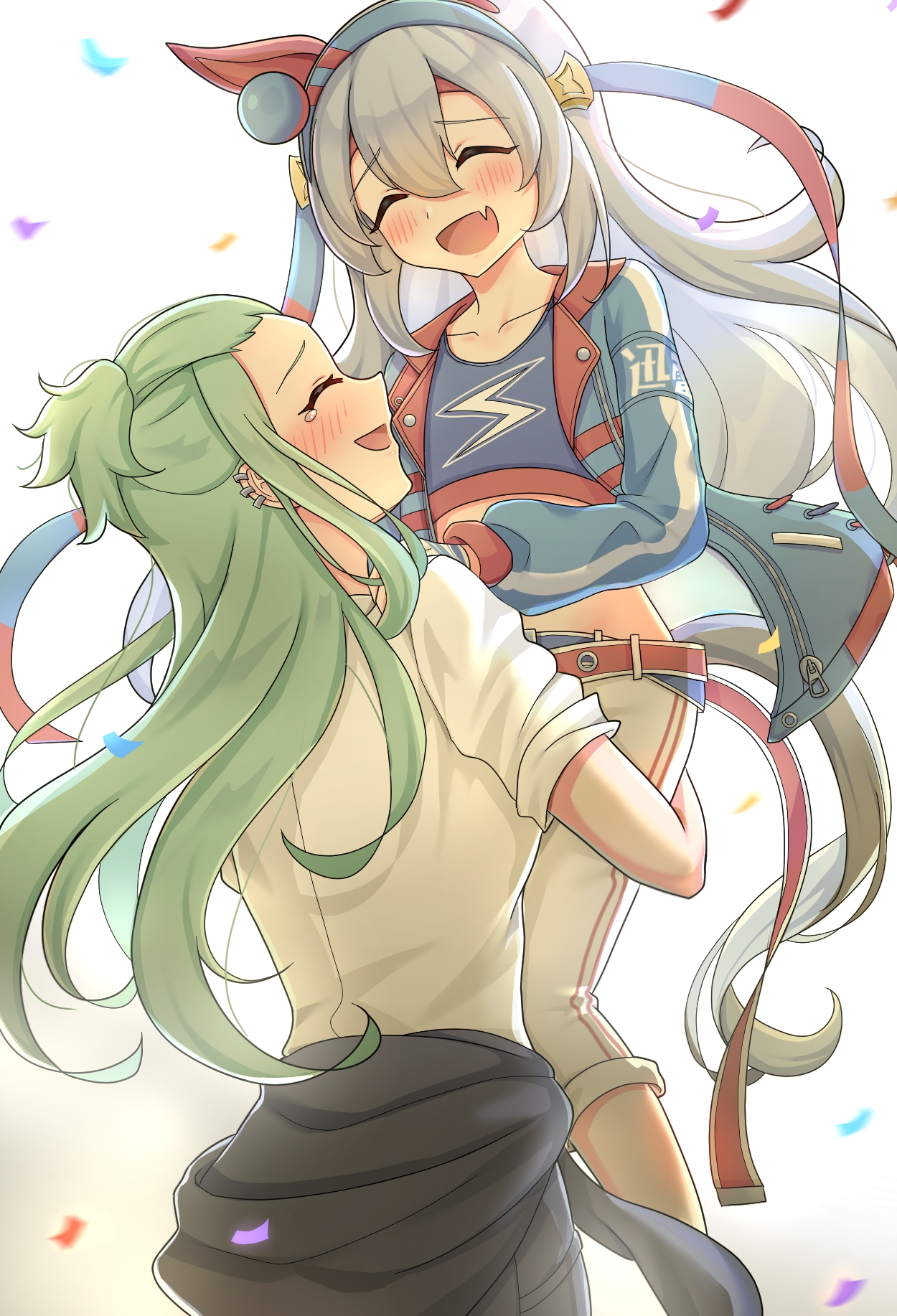 tamamo cross (umamusume), tamamo cross (with lightning speed) (umamusume), umamusume, umamusume: cinderella gray, commentary request, highres, 2girls, animal ears, belt, blue hairband, blue jacket, blue sports bra, blush, carrying, carrying person, closed eyes, clothes around waist, confetti, crop top, ear covers, ear piercing, fang, fingerless gloves, gloves, green hair, grey hair, grey tail, hair between eyes, hairband, headband, horse ears, horse girl, horse tail, jacket, komiyama masami, lightning bolt print, lightning bolt symbol, long hair, long sleeves, midriff, multiple girls, navel, open mouth, pants, piercing, red belt, red headband, shirt, skin fang, sleeves rolled up, smile, sports bra, striped clothes, striped hairband, tail, user njyp2785, very long hair, white gloves, white pants, white shirt