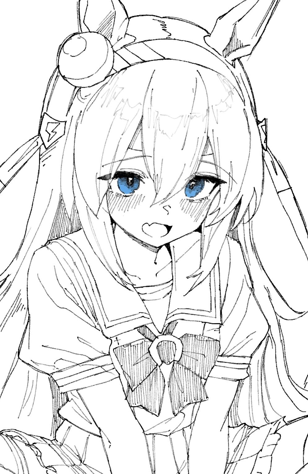 tamamo cross (umamusume), umamusume, highres, 1girl, animal ears, blue eyes, blush, bow, ear bow, ear covers, ear ornament, fang, hair between eyes, hairband, headband, horse ears, horse girl, horse tail, kaiwan (kaiwan zhang), long hair, long sleeves, open mouth, partially colored, school uniform, shirt, smile, solo, striped clothes, striped hairband, tail, tracen school uniform, very long hair