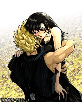 cloud strife, tifa lockhart, final fantasy, final fantasy vii, lowres, 1990s (style), from behind, hug