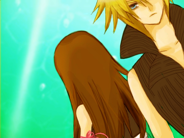 cloud strife, tifa lockhart, final fantasy, final fantasy vii, 1990s (style), back-to-back, from behind, ribbon