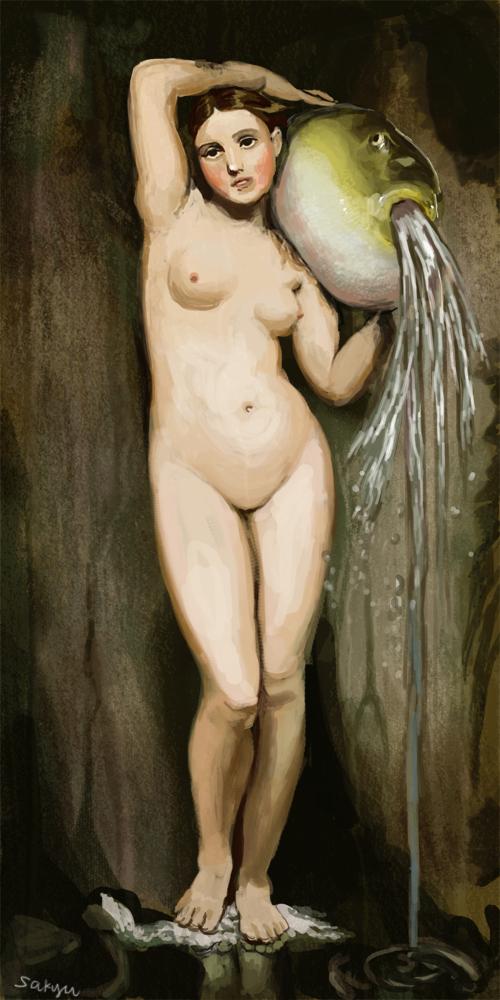 sakyu (shamo0301), the source, commentary, 1girl, animal, barefoot, breasts, brown hair, completely nude, feet, fine art parody, fish, holding, holding animal, holding fish, navel, nipples, nude, parody, puffer fish, signature, solo, water, waterfall