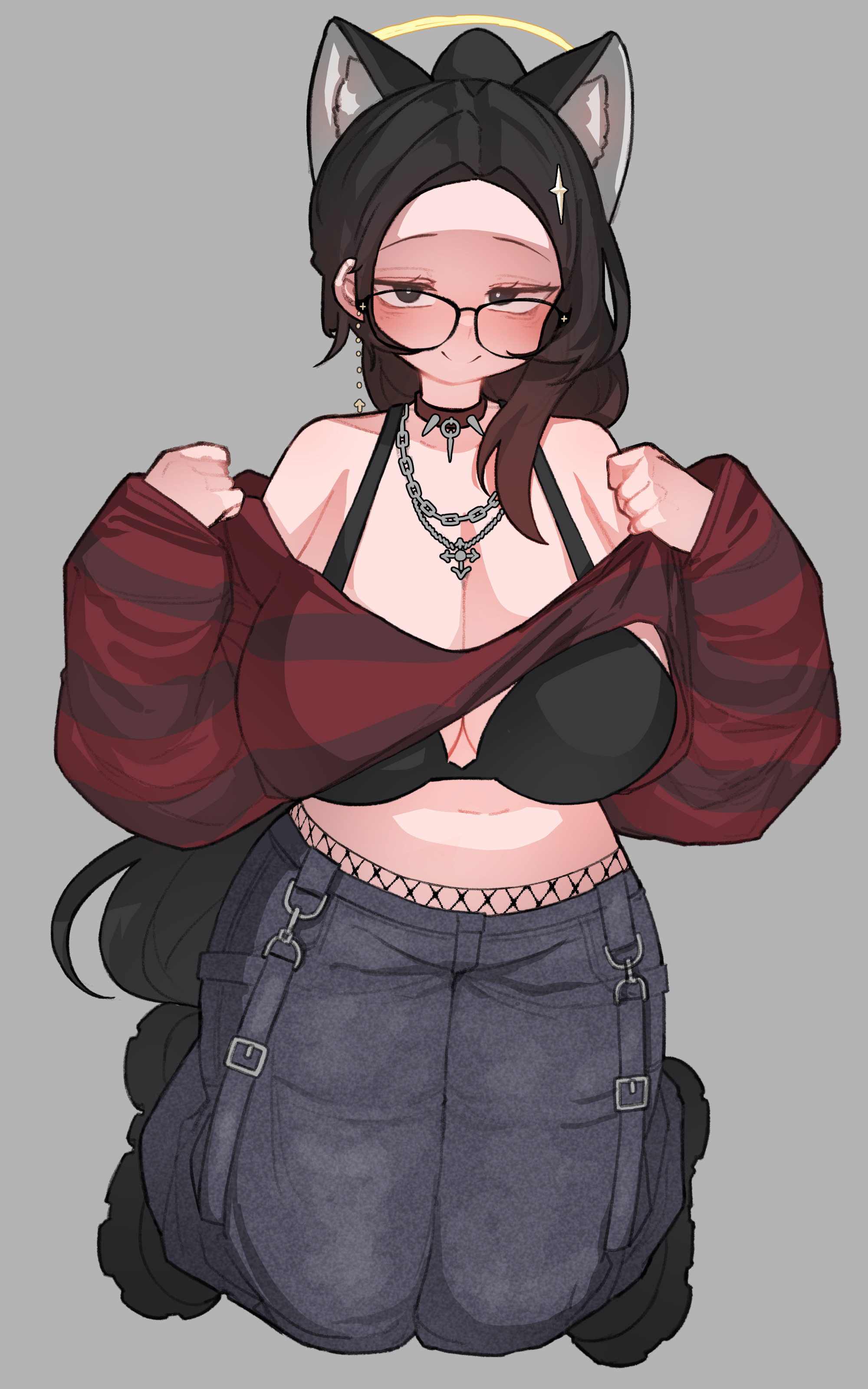 kim aendeo, original, absurdres, commentary request, highres, korean commentary, 1girl, animal ears, bare shoulders, belly, black bra, black eyes, black hair, black shoes, blue pants, blush, bra, breasts, chain, chain necklace, choker, cleavage, denim, forehead, full body, grey background, half-closed eyes, huge breasts, jeans, jewelry, kneeling, legs together, long hair, looking at viewer, navel, necklace, off-shoulder shirt, off shoulder, pants, plump, red shirt, shirt, shoes, smile, solo, spiked choker, spikes, straight-on, straight hair, striped clothes, striped shirt, underwear, wolf ears, wolf girl