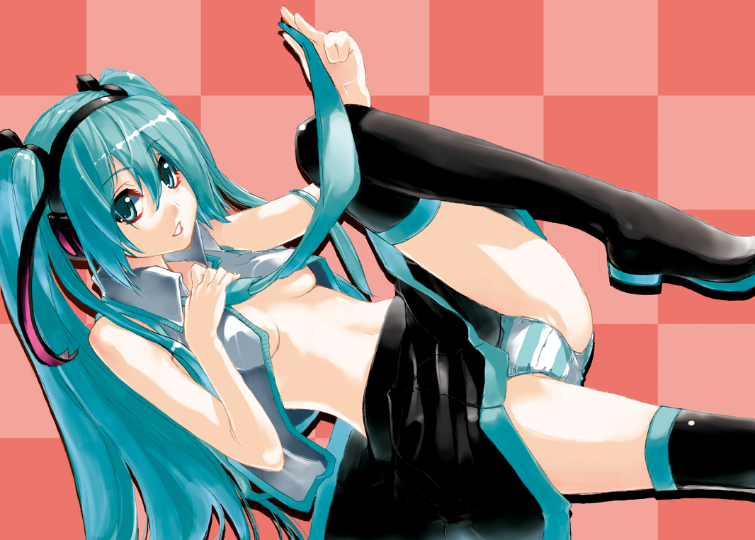 ask02, hatsune miku, vocaloid, 1girl, aqua eyes, aqua hair, breasts, female focus, headphones, medium breasts, necktie, panties, skirt, solo, striped clothes, striped panties, thighhighs, twintails, underboob, underwear