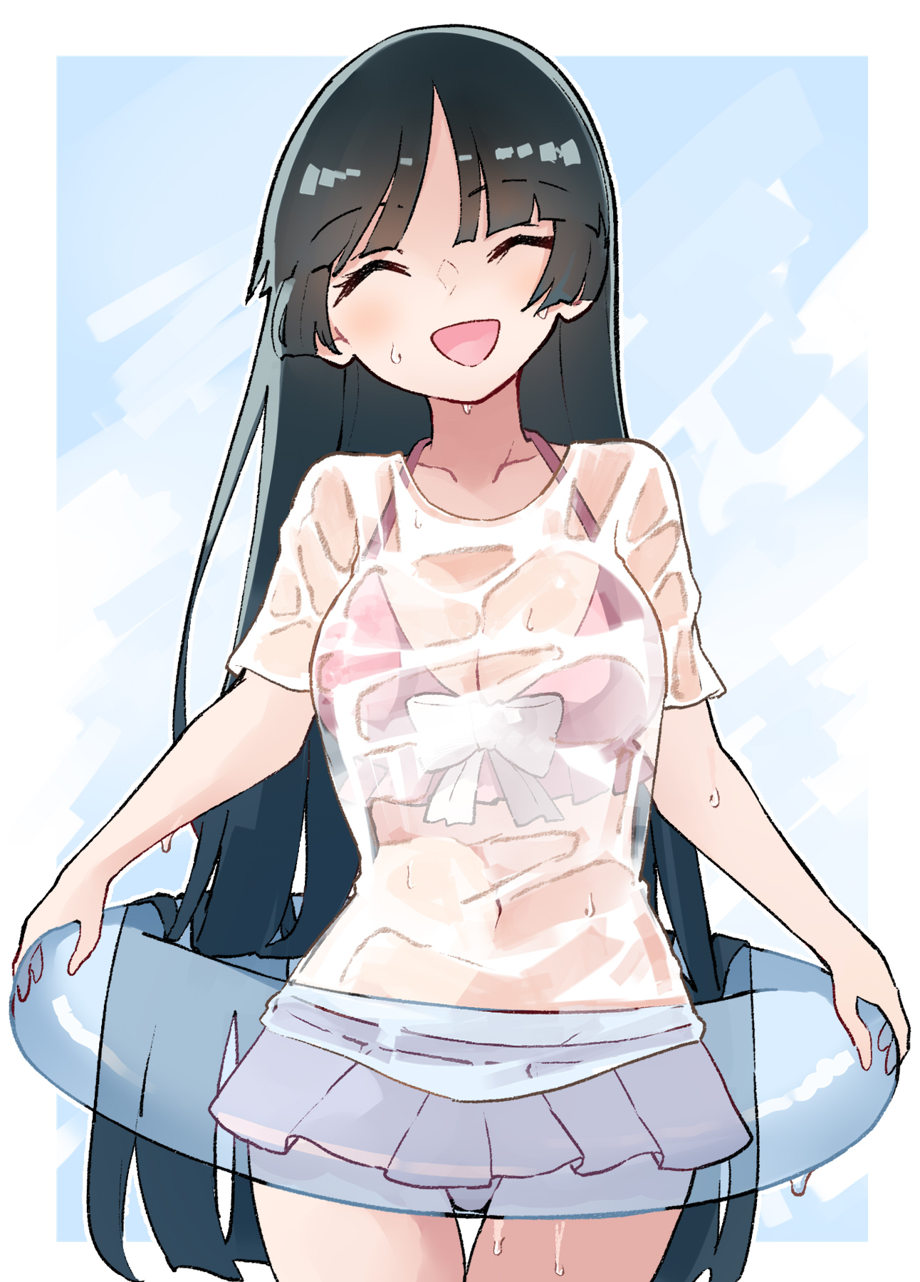 deetamu, houraisan kaguya, touhou, commentary request, commission, highres, skeb commission, 1girl, :d, ^ ^, alternate costume, bikini, bikini skirt, black hair, blue background, blunt bangs, closed eyes, collarbone, cowboy shot, facing viewer, long hair, open mouth, pink bikini, shirt, short sleeves, smile, solo, swimsuit, transparent innertube, very long hair, wet, wet clothes, wet shirt, white background