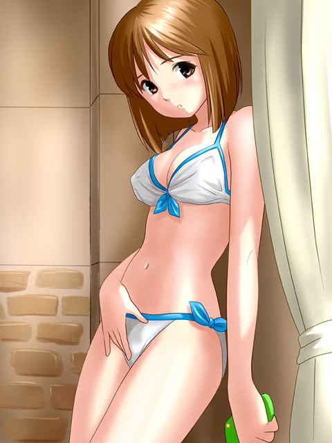 ponnetsu, hagiwara yukiho, idolmaster, idolmaster (classic), non-web source, 00s, 1girl, bikini, bob cut, brown eyes, brown hair, cellphone, curtains, female focus, front-tie top, phone, short hair, side-tie bikini bottom, solo, swimsuit