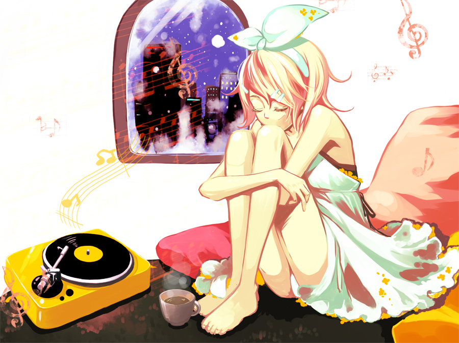 water lento, kagamine rin, vocaloid, 1girl, barefoot, blonde hair, closed eyes, cup, female focus, hair ornament, hair ribbon, hairclip, hugging own legs, indoors, musical note, phonograph, pillow, ribbon, short hair, sitting, sky, solo, turntable
