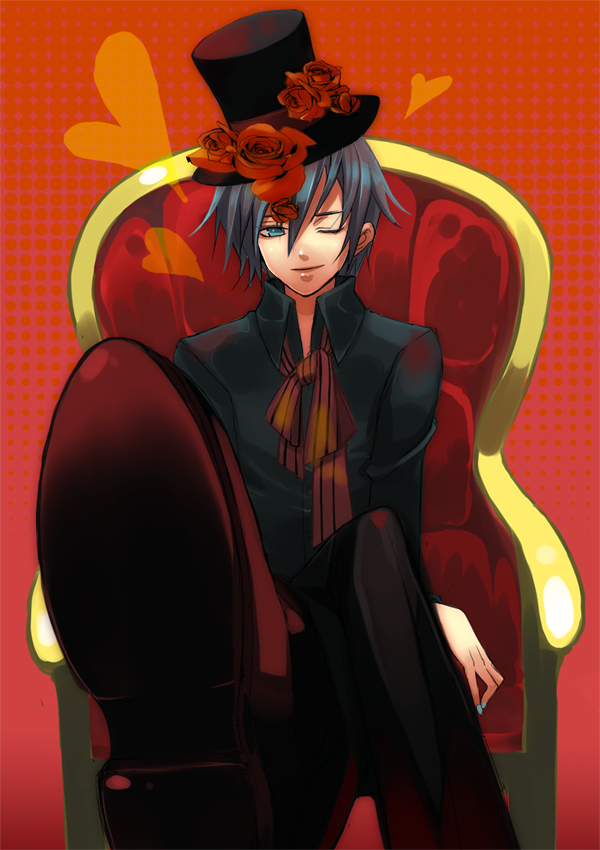 water lento, kaito (vocaloid), vocaloid, 1boy, armchair, blue eyes, blue hair, chair, crossed legs, flower, hat, hat flower, male focus, matching hair/eyes, one eye closed, red rose, red upholstery, rose, short hair, sitting, solo, top hat, wink