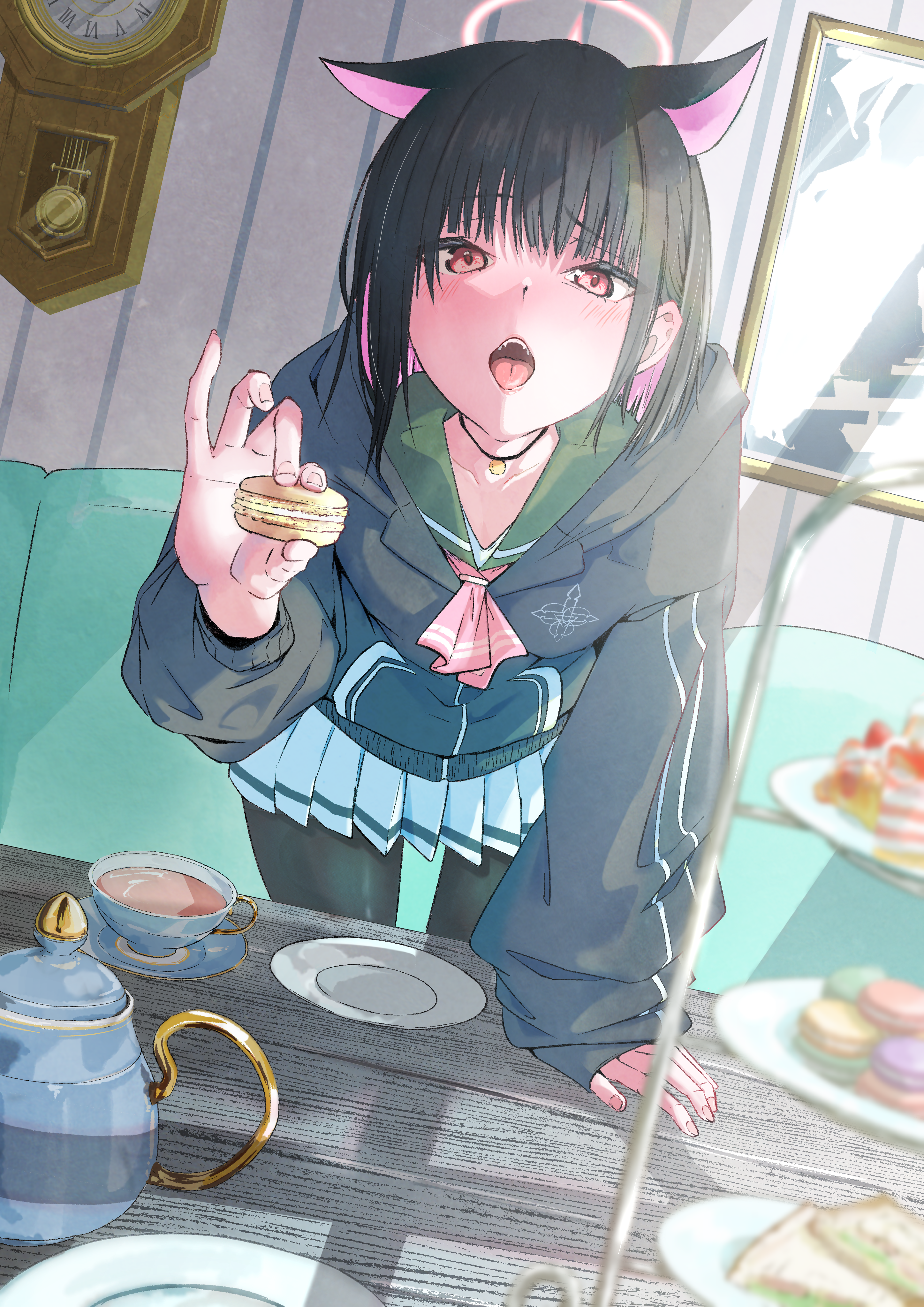 botaso (t4s0), kazusa (blue archive), blue archive, absurdres, commentary request, highres, 1girl, analog clock, animal ears, black choker, black hair, black hoodie, blush, breasts, cake, cake stand, cat choker, cat ears, cat girl, choker, clock, colored inner animal ears, colored inner hair, couch, extra ears, food, green sailor collar, halo, hand on table, holding, hood, hoodie, incoming food, indoors, jacket, looking at viewer, macaron, multicolored hair, neckerchief, open mouth, picture frame, pink hair, pink halo, pink neckerchief, pov across table, red eyes, sailor collar, shirt, skirt, small breasts, solo, table, tea, teapot, tongue, tongue out, tray, two-tone hair