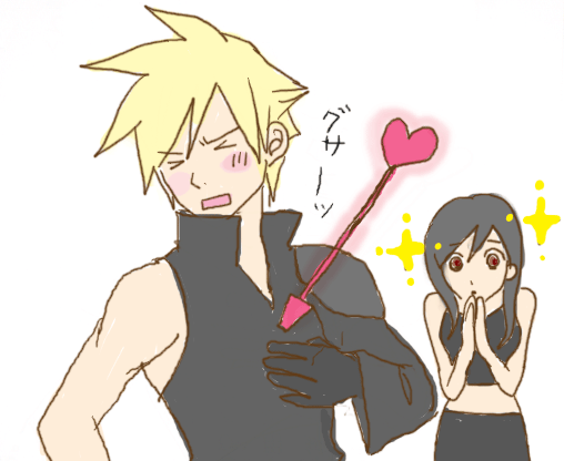 cloud strife, tifa lockhart, final fantasy, final fantasy vii, 1990s (style), arrow (projectile), begging, blush, heart
