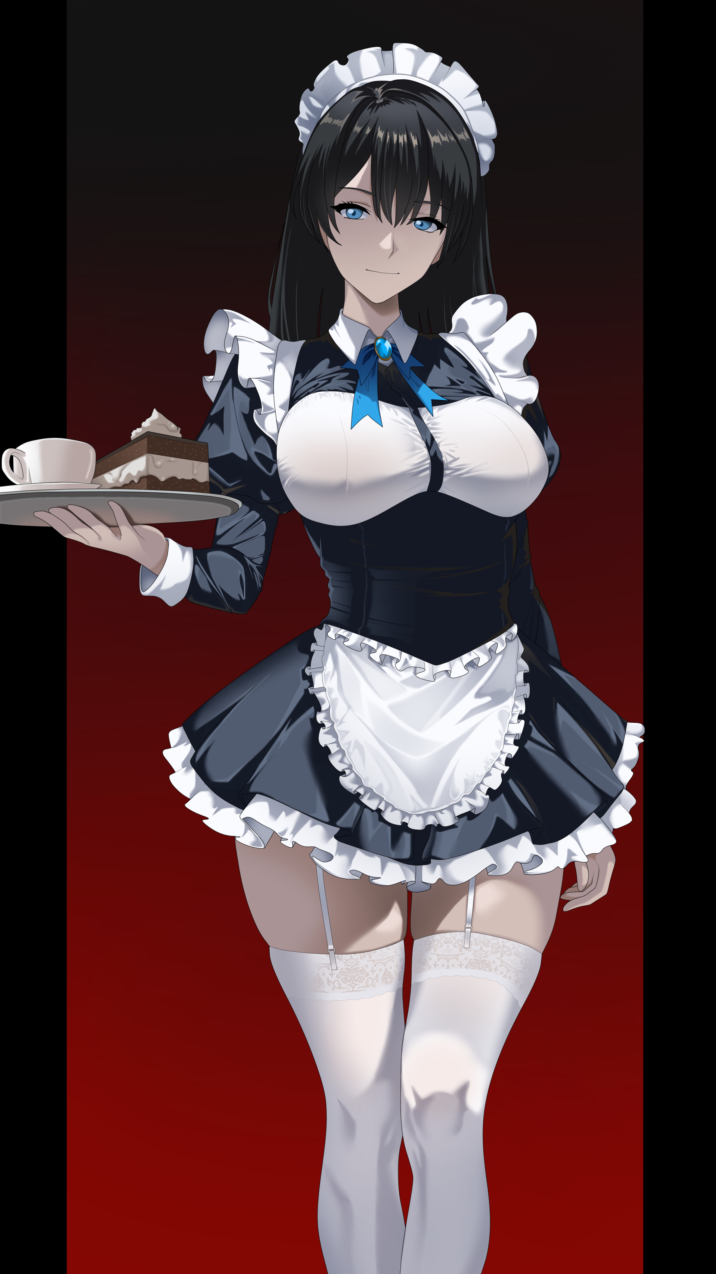 indy k, original, absurdres, highres, 1girl, apron, black hair, blue eyes, blue necktie, breasts, cake, dress, food, frilled apron, frilled dress, frills, garter straps, holding, holding tray, large breasts, long hair, maid, maid headdress, necktie, skindentation, standing, thigh gap, thighhighs, tray, white thighhighs, zettai ryouiki