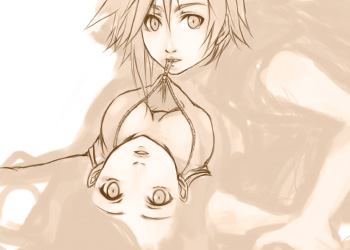 koko-1109, cloud strife, tifa lockhart, final fantasy, final fantasy vii, lowres, 1990s (style), bathing, breasts, cleavage, large breasts, looking at viewer, retro artstyle, undressing, unzipping, water, zipper