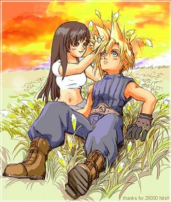 cloud strife, tifa lockhart, final fantasy, final fantasy vii, lowres, 1990s (style), field, grass, sunset
