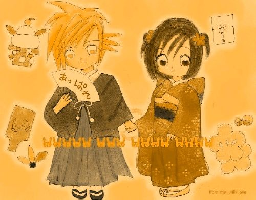 cloud strife, tifa lockhart, final fantasy, final fantasy vii, lowres, 1990s (style), 1boy, 1girl, aged down, japanese clothes, kimono, yukata