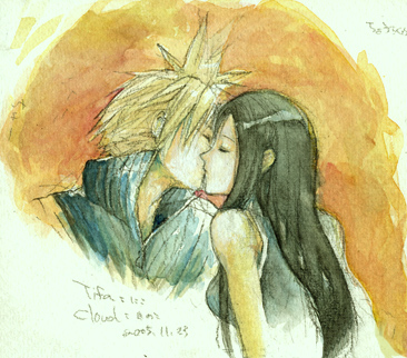 niko (silent.whitesnow), cloud strife, tifa lockhart, final fantasy, final fantasy vii, lowres, 1990s (style), closed eyes, kiss, retro artstyle
