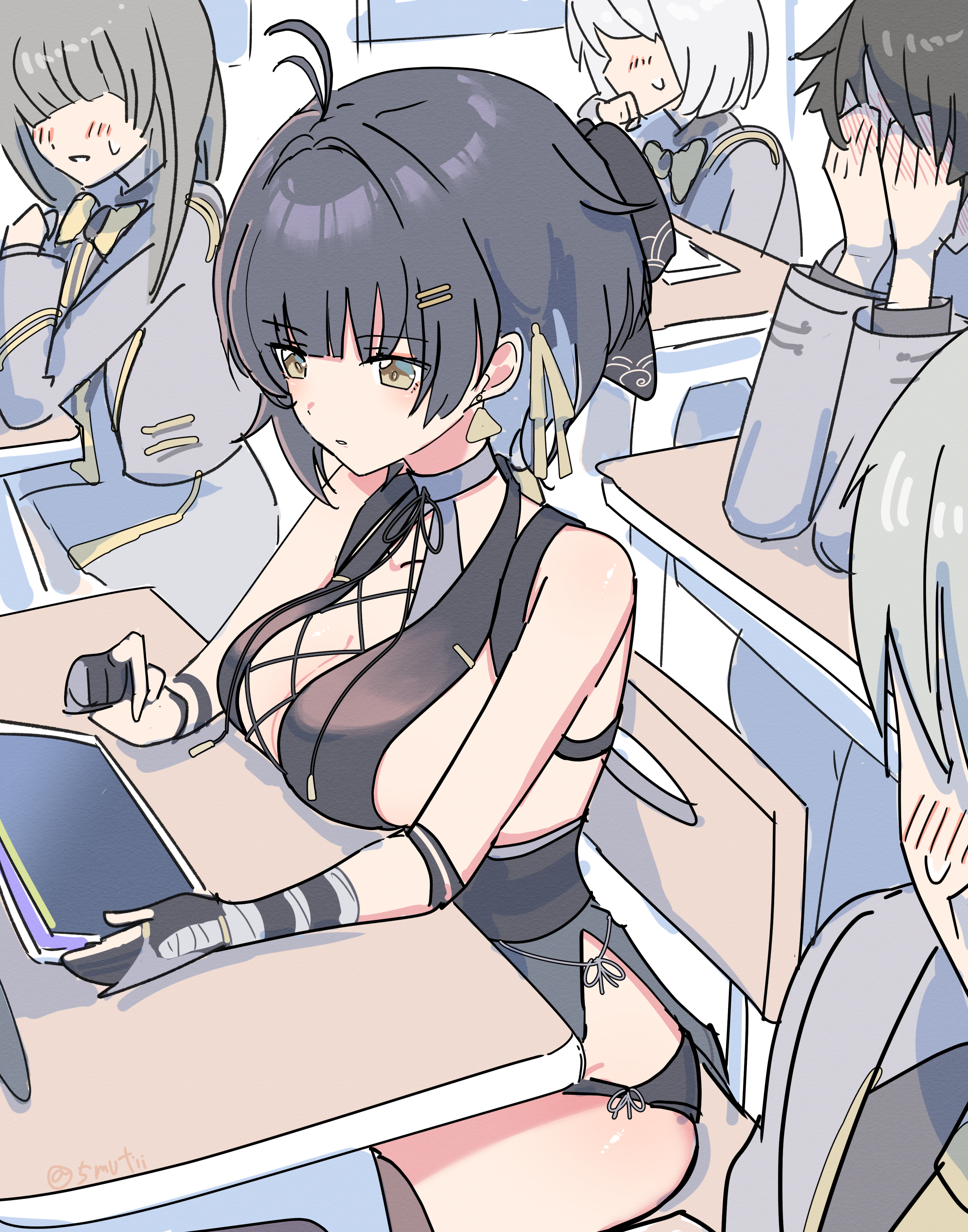 female rover (wuthering waves), rover (wuthering waves), wuthering waves, absurdres, commentary request, highres, 2boys, 3girls, artist name, bandaged arm, bandages, bare shoulders, black bow, black dress, black hair, black shorts, blush, bow, breasts, classroom, cross-laced clothes, cross-laced dress, dress, earrings, hair bow, hair ribbon, holding, holding tablet pc, indoors, jewelry, large breasts, multiple boys, multiple girls, mutii, parted lips, ribbon, short shorts, shorts, sleeveless, sleeveless dress, tablet pc, thighs, triangle earrings, yellow eyes, yellow ribbon