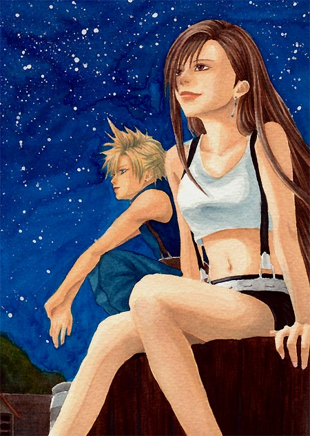 cloud strife, tifa lockhart, final fantasy, final fantasy vii, 1990s (style), laskull, nibelheim, outdoors, retro artstyle, star (symbol)