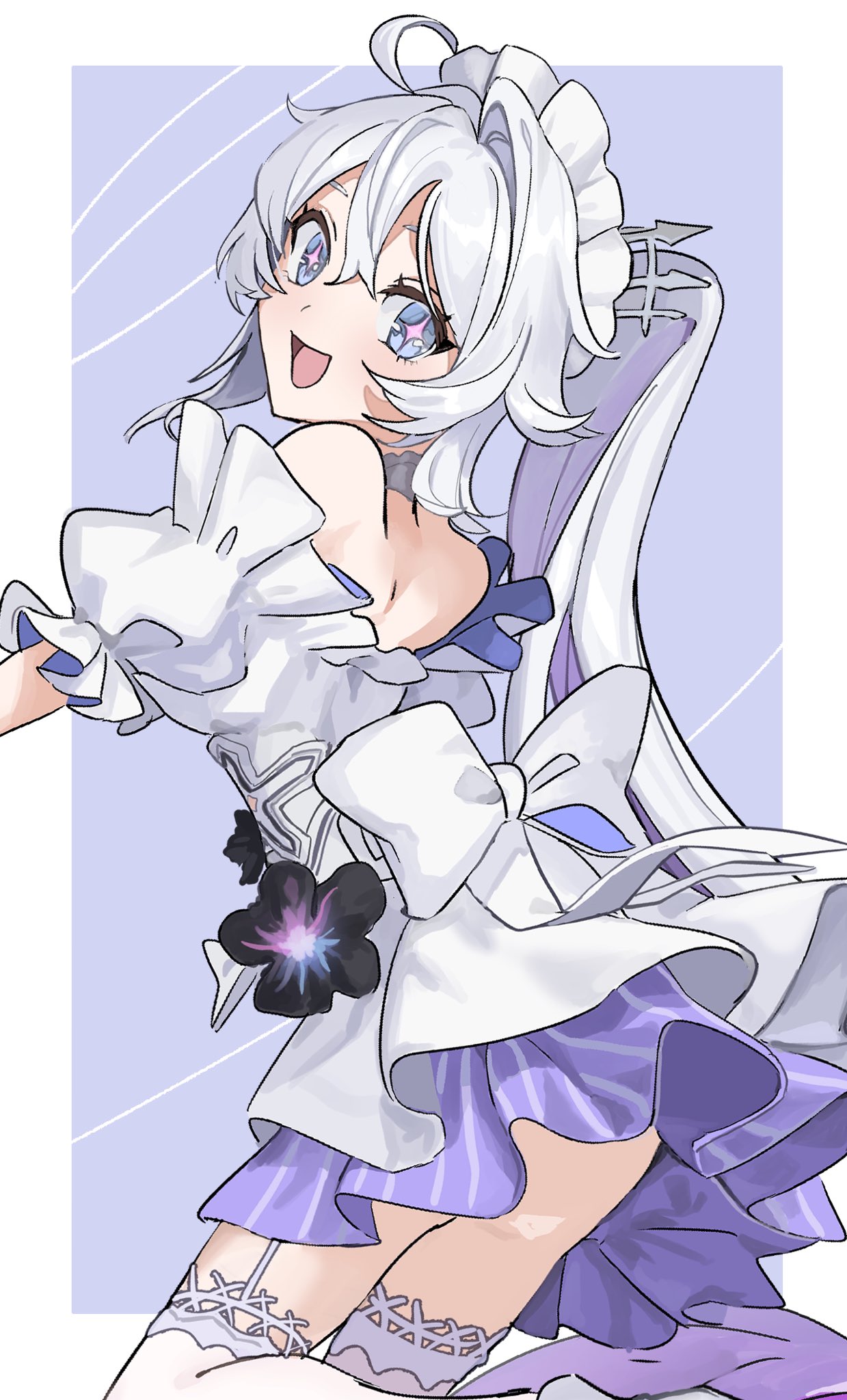 uehara suiyo, kiana kaslana, kiana kaslana (herrscher of finality), honkai (series), honkai impact 3rd, commentary request, highres, 1girl, birthday, black flower, blue eyes, bow, dress, dress bow, dress flower, flower, frilled dress, frills, from side, garter straps, long hair, looking at viewer, maid headdress, off-shoulder dress, off shoulder, open mouth, ponytail, puffy short sleeves, puffy sleeves, short sleeves, smile, solo, very long hair, white bow, white dress, white hair
