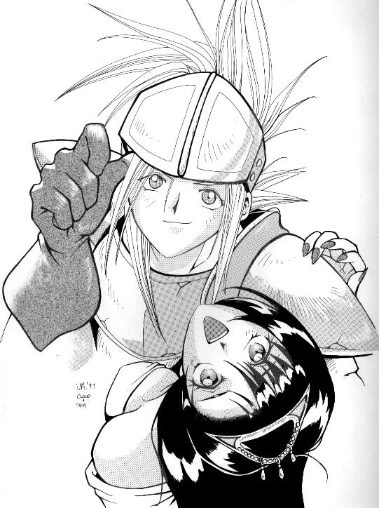 cloud strife, tifa lockhart, final fantasy, final fantasy vii, 1990s (style), 1boy, 1girl, gradient background, monochrome, retro artstyle