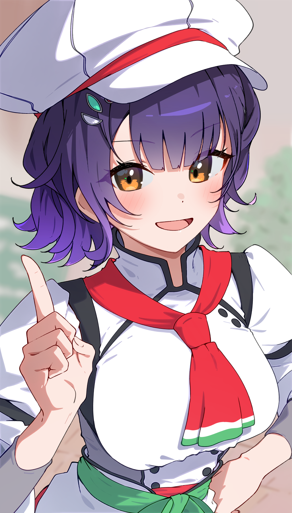 ecliygame, nanase suzuna, nanase suzuna (1st costume), nijisanji, commentary, highres, 1girl, blush, breasts, brown eyes, dress, hat, long hair, looking at viewer, medium breasts, open mouth, purple hair, solo, standing, upper body, white dress